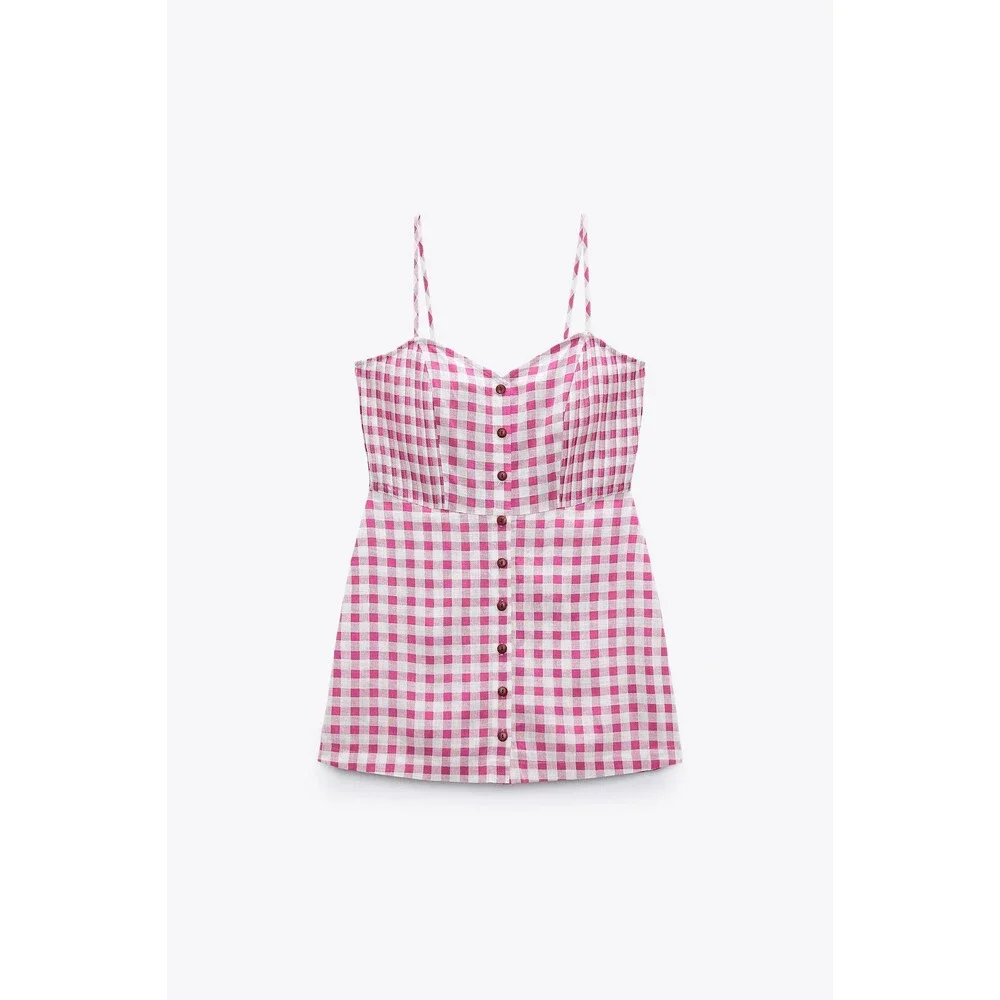 Zara Gingham Print Linen-Blend Button Down Sleeveless Romper Shorts (NWT)